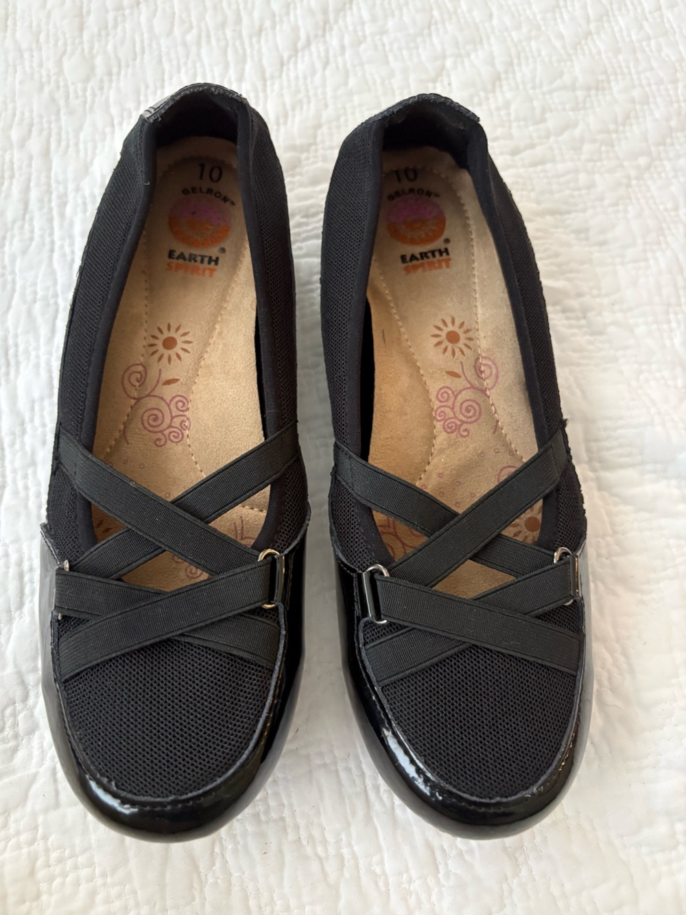 Earth Spirit Gelron Peni Black Patent Leather Slip-On Flats w/mesh. Size 10.